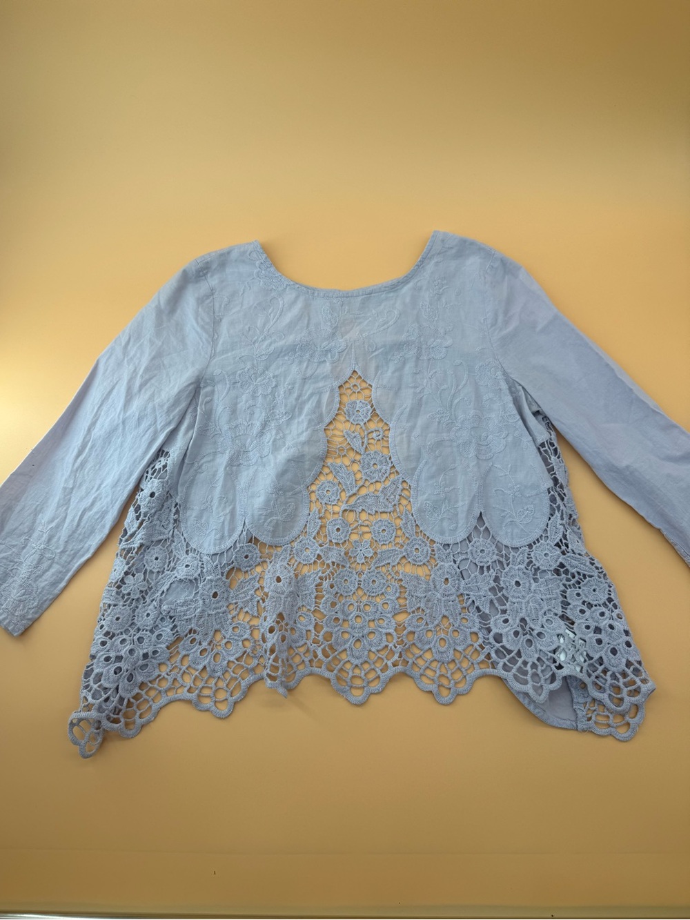 Kimchi Blue Light Lilac Crochet-Back Lace Hem Blouse